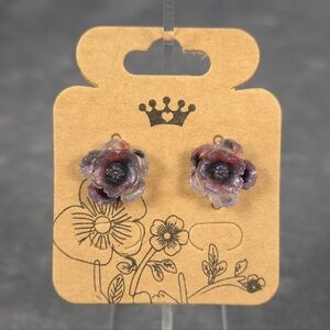 Red & Black Glitter Flower Earrings Stainless Steel Post Butterfly/Silicone Back